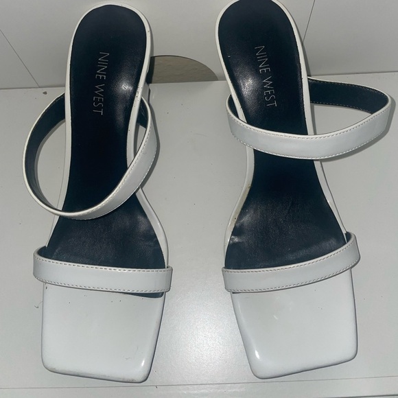 Square toe modern White heels slip on heels double strap heels chunky heel block - Picture 2 of 7